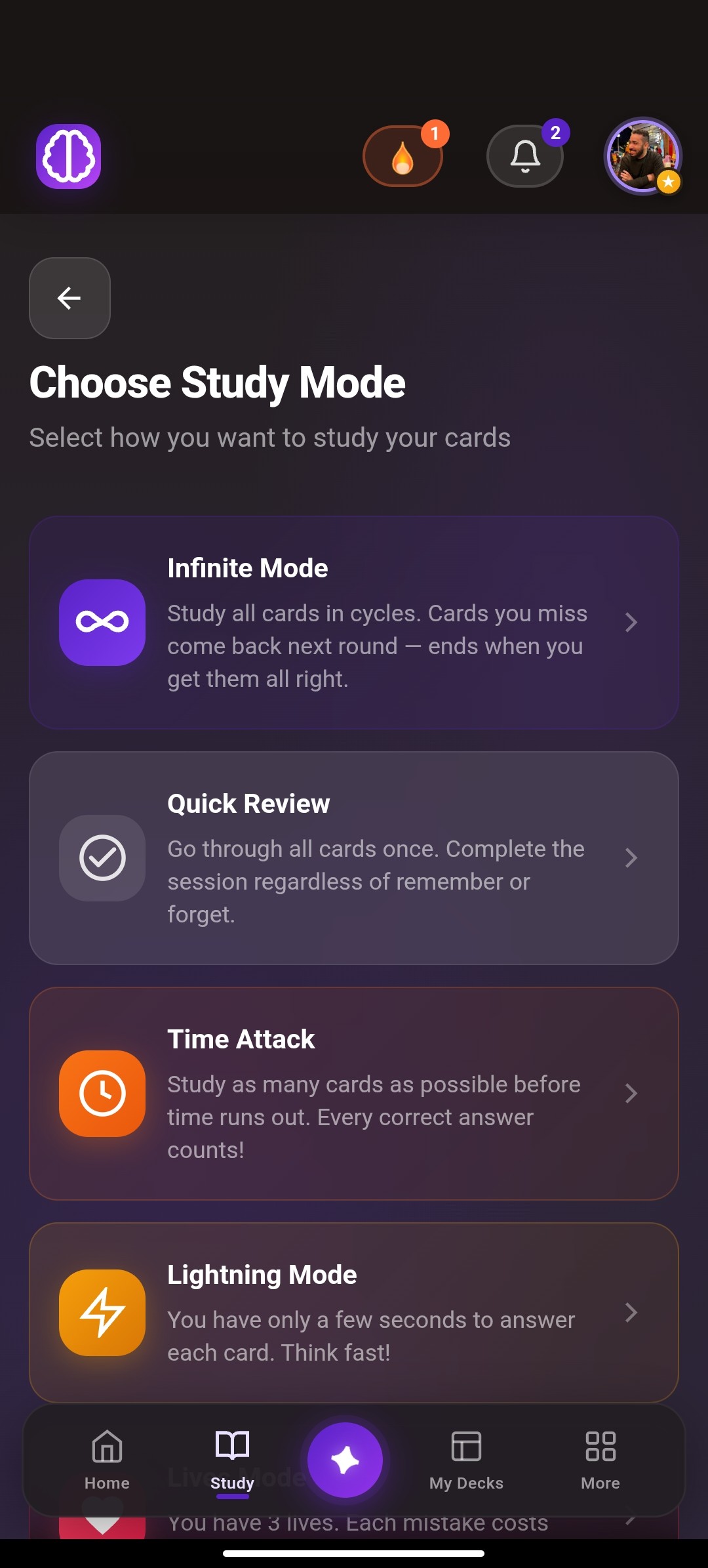 Modos de estudo do Gamora: Infinito, Revisão Rápida, Contra o Tempo e Relâmpago