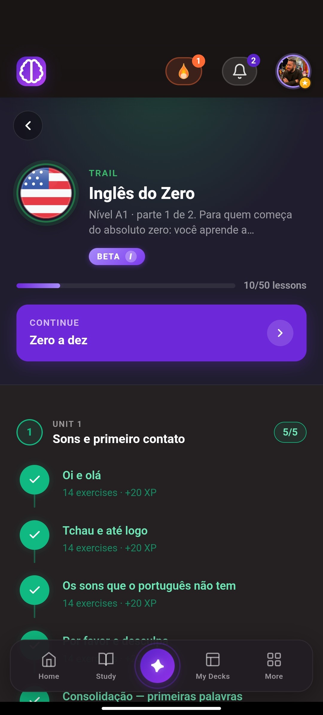Trilha de aprendizado do Gamora com lições em progresso